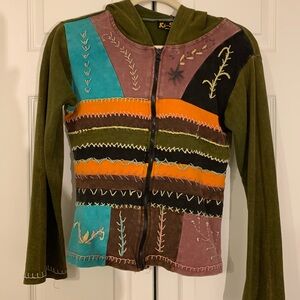 Unique Ki-Say Boho Hoodie Hand Stitched True Artisan Hippie Y2K Festival Vibes